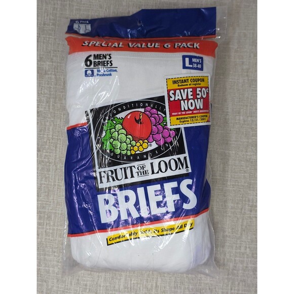 VTG NEW Fruit of the Loom Briefs 6 Pack 1996 Men's White Size Large 38-40 1996 - Picture 1 of 5